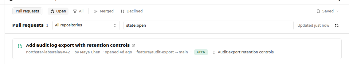 A plugin-provided pull-request dashboard using Kandev's shared scope tabs, repository filter, query field, saved-query control, refresh action, and change-request row.