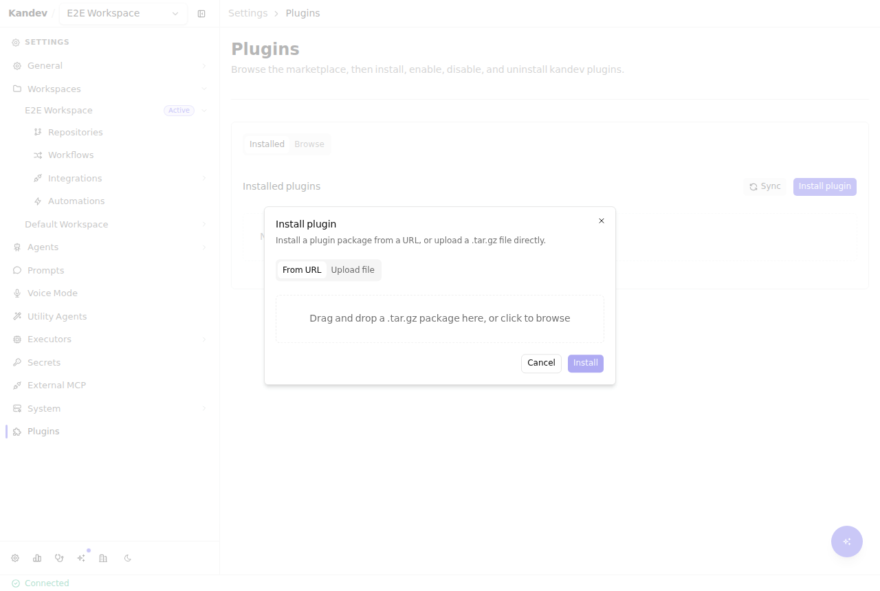 The Install plugin dialog with From URL and Upload file tabs and a drag-and-drop area for a .tar.gz package.