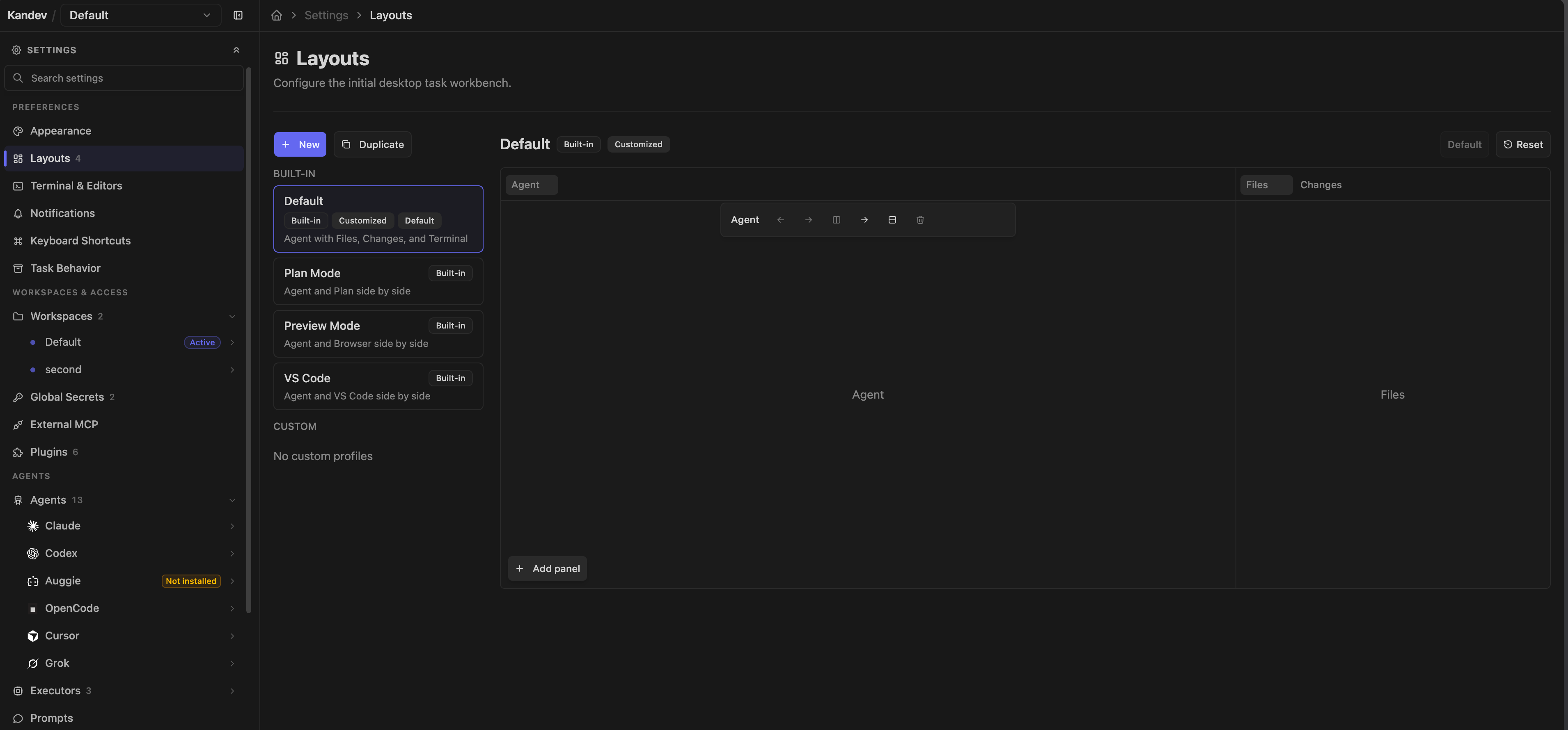 Settings > Preferences > Layouts showing built-in desktop workbench profiles and the Default layout editor.