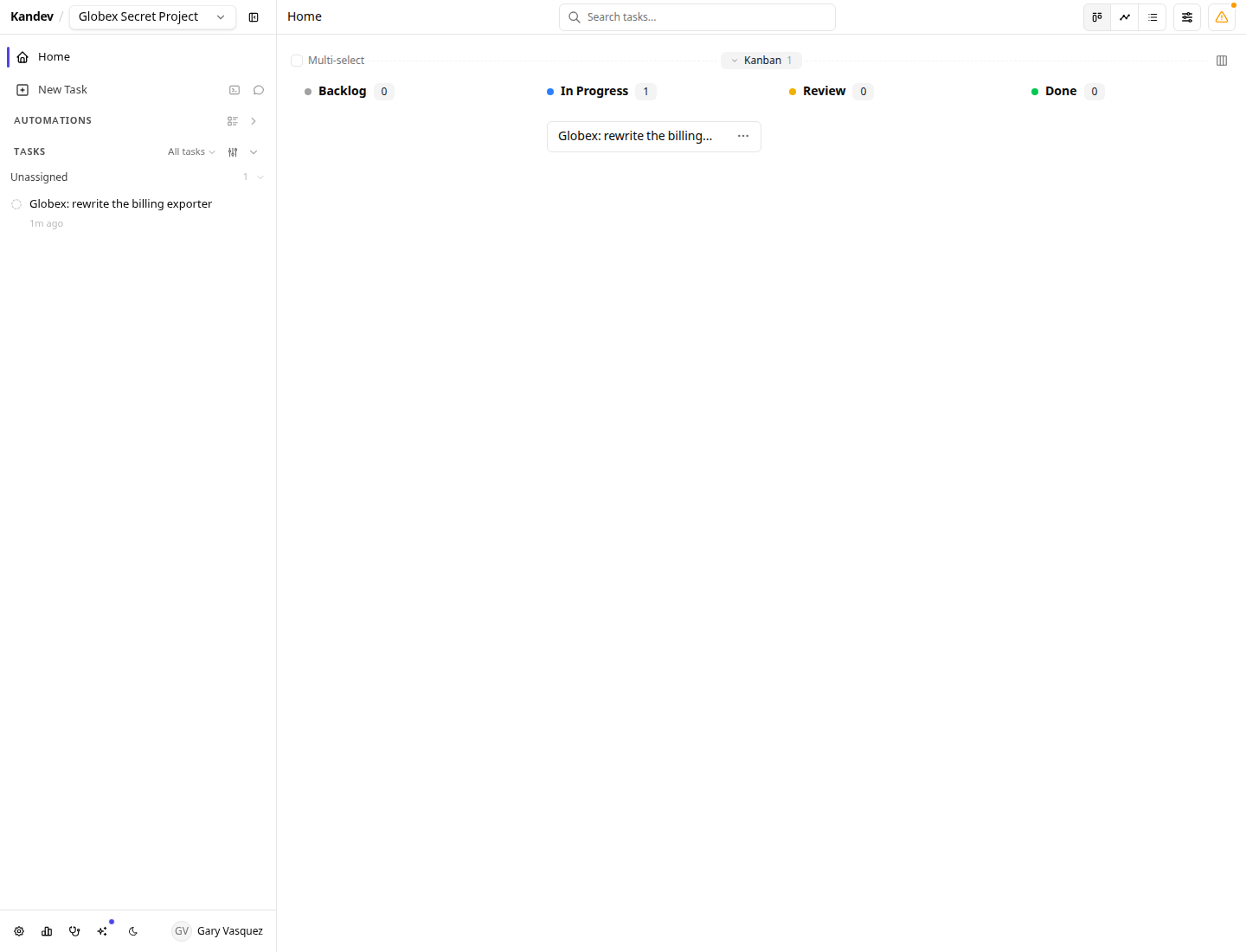 Globex's kanban board seen by Gary Vasquez, showing only the Globex Secret Project workspace and one Globex task.